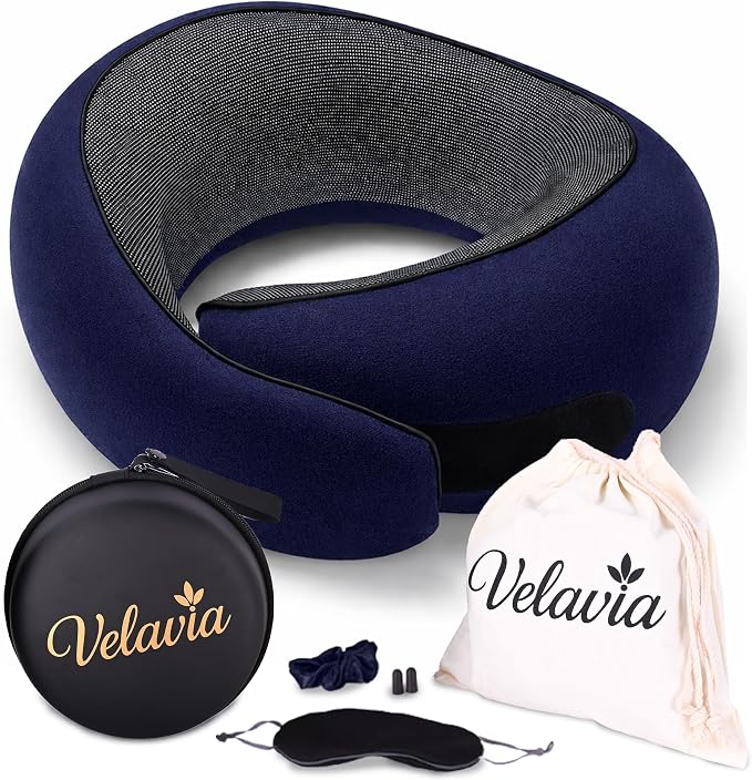 Travel Neck Pillow,Ergonomic 360° Memory Foam Support for Head, Neck. Adjustable for Long Flights. Soft &Washable Cover, EVA Box, 3D Eye Mask, Earplugs, Hair Tie & Luxury Bag (Dark Blue) by YourfavoriteTravelpillow