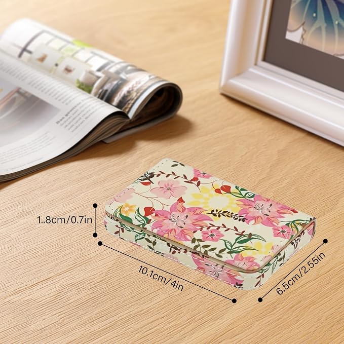 Business Card Holder，PU Leather Business Card Case Color Printing Pattern Card Holder Wallet，Pockets Magnetic Credit Card Holders for Men and Women - Red Yellow Flowers - Image 4