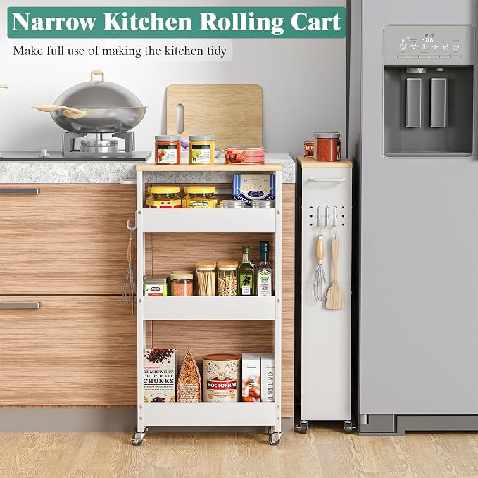 CHLORYARD Slim Storage Cart, 4-Tier Kitchen Rolling Cart Narrow Storage Cabinet with Handle & Wheels, Metal Rolling Shelf Unit for Kitchen Bathroom Laundry Small Places (5.9IN White/Natural) - Image 3