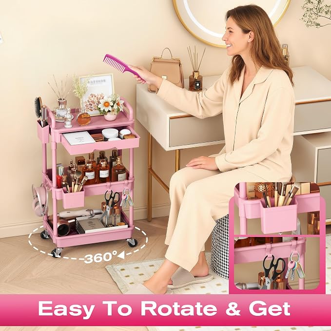 Goovilla Rolling Makeup Organizer Cart with Removable Drawer, 3 Tier Pink | Stable Floor Skincare Storage Cart for Vanity, Cosmetic Display, Nail Polish, Perfume, Hair Stuff, Beauty, Bathroom(Plastic) - Image 5