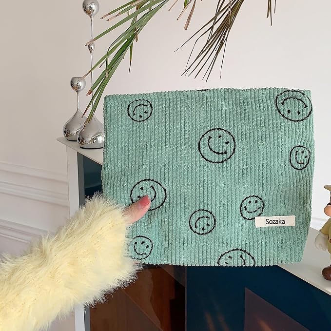 Cosmetic Bags for Women - Corduroy Cosmetic Bag Aesthetic Women Handbags Purses Smile Dots Makeup Organizer Storage Makeup Bag Girls Case Bags (A-Green) - Image 3