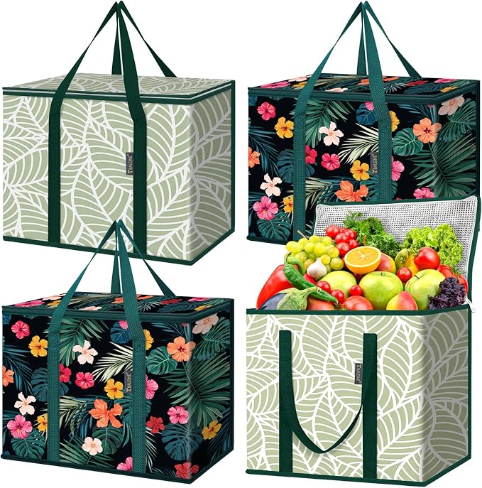 BALEINE 4Pk Insulated Reusable Grocery Bags, Collapsible Cooler Bag for Groceries, Heavy Duty Large Insulated Bag (16''x9''x13'', Blossom Season & Antique Foliage) by BALEINE