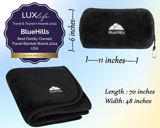 BlueHills Premium Soft Rolled Travel Blanket Pillow Airplane 2 in 1 - Black | 2 in 1 Convertible Pillow Blanket, Matching Plush Soft Case, 70 X 48 Tall Blanket, Lightweight, Luggage Strap, Carabiner Clip - Image 5