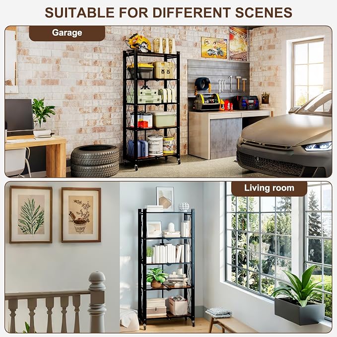 5 Tier Folding Shelf with Wheels, Wood and Metal Bookshelf | No Assembly Foldable Storage Shelves, Vintage Storage Rack for Living Room, Bedroom, and Home Office - Image 7
