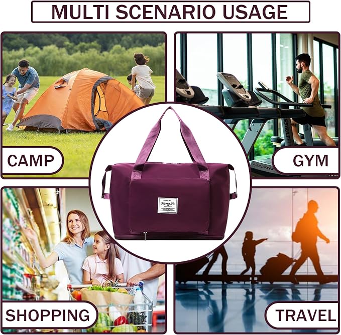 INVODA Travel Bag for Women Expandable Weekender Overnight Bag Carry on Sports Tote Gym Bag Waterproof Foldable Duffel Bag (Fuchsia) - Image 7