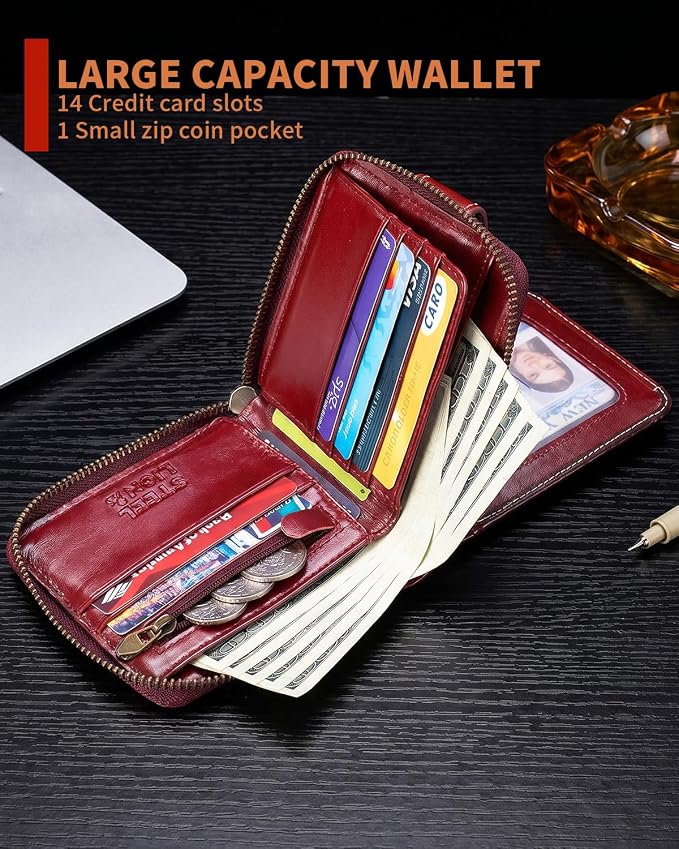 Men's Leather RFID Wallet with Zipper, 14 Card Slots, ID Window | Zippered coin pocket separates loose change; organized for commuting and everyday carry (Red) - Image 5