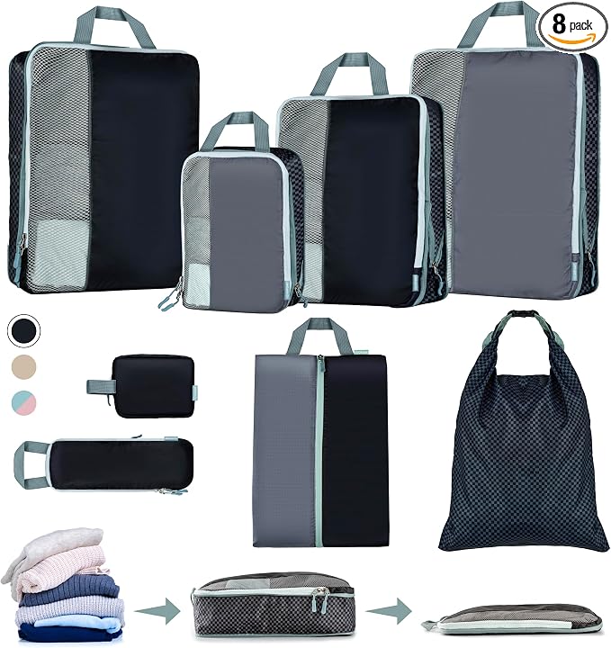 Set of 8 compression packing cubes for travel accessories- Expandable bags for clothing, toiletry, backpacks, organizing essentials (Black & Grey) by Oriday