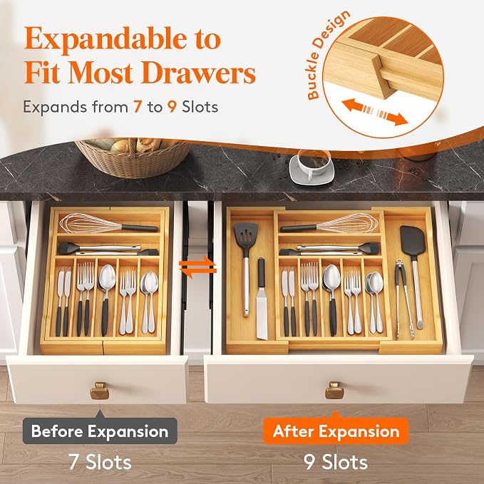 Lifewit Silverware Drawer Organizer, Wooden Utensil Tray for Kitchen | Expandable Flatware and Cutlery Holder, Adjustable Storage for Spoons Forks Knives, 12-21 x 17", Natural - Image 8