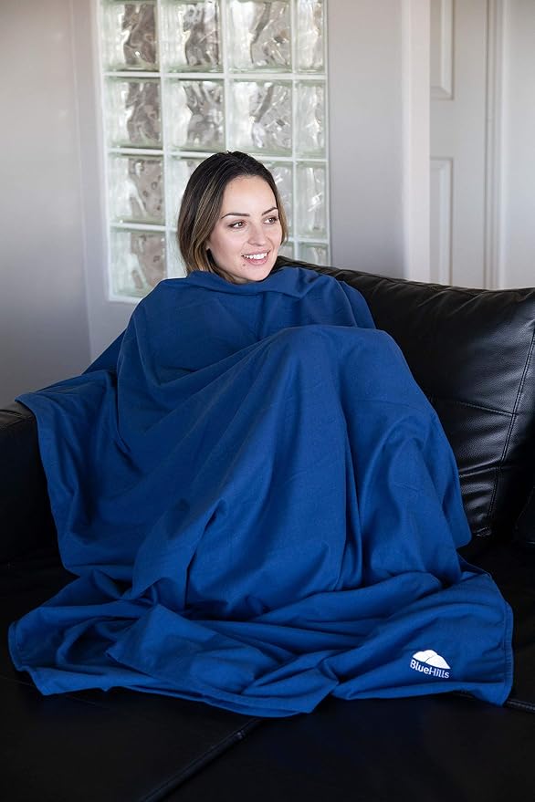 BlueHills Premium Soft Plush Travel Blanket and Ultra Compact Travel Blanket Value Pack Set of 2 - Airplane Flight Blanket Throw in a case with Strap Compact Pack for Car Plane Travel Navy Blue - Image 6