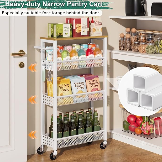 4 Tier Slim Rolling Cart with Wheels for Between Washer and Dryer Storage | White Metal Rolling Spice Rack Next to Fridge, Narrow Kitchen Cabinet for Small Spaces, Laundry Room Organizer Carts - Image 8