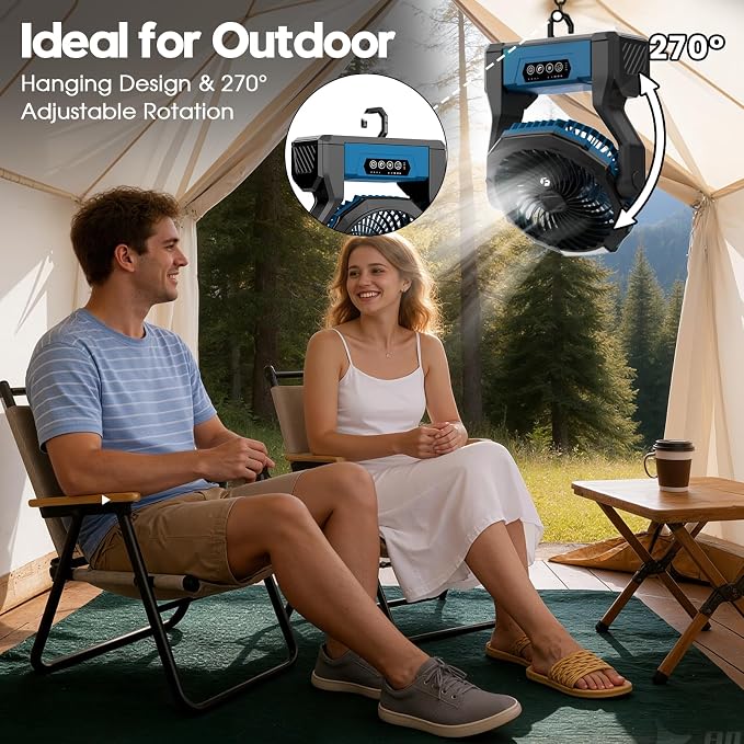 XZK 24000mAh Rechargeable Camping Fan, Battery Powered Portable Travel Fan | 64H Runtime, LED Light, Quiet Desk Fans for Indoor,Outdoor,Fishing,Jobsite & Hurricane Emergency, Gifts for Men Dad Him - Image 3
