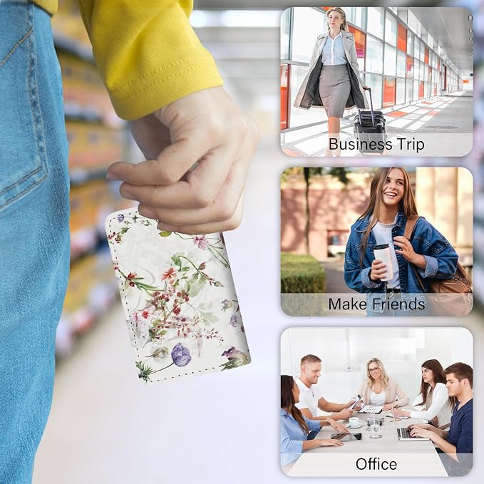 Business Card Holder，PU Leather Business Card Case Color Printing Pattern Card Holder Wallet，Pockets Magnetic Credit Card Holders for Men and Women - White Flowers - Image 7