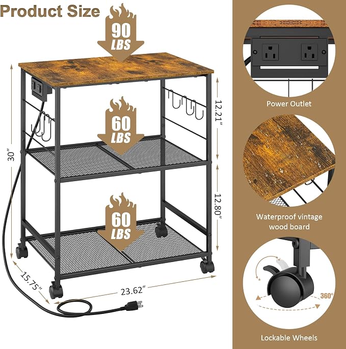 ThreeHio Rolling Kitchen Microwave Cart with Power Outlet, 3 Tier Microwave Table Stand with Storage, Kitchen Utility Cart on Wheels, Small Coffee Cart Shelf Rack Organizer for Living Room Office - Image 3
