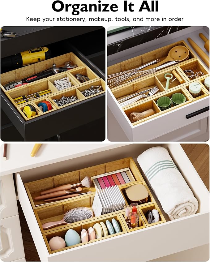 12-Piece Bamboo Drawer Organizer Set, 24 Compartments Modular Storage | Natural Bamboo, Flexible Modular Trays, Water-Resistant, Stackable Design, Adjustable, Excellent Organization, Easy to Clean - Image 7