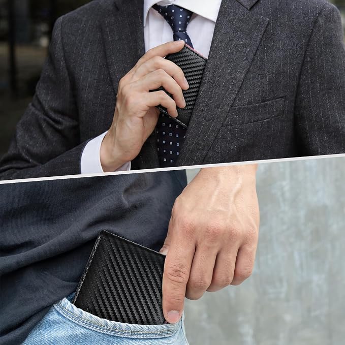 Chelmon Slim Wallet for Men ID Window with RFID Blocking Front Pocket Minimalist Bifold Bussiness Card Holder Gift for Men, Carbon Black & Red - Image 6