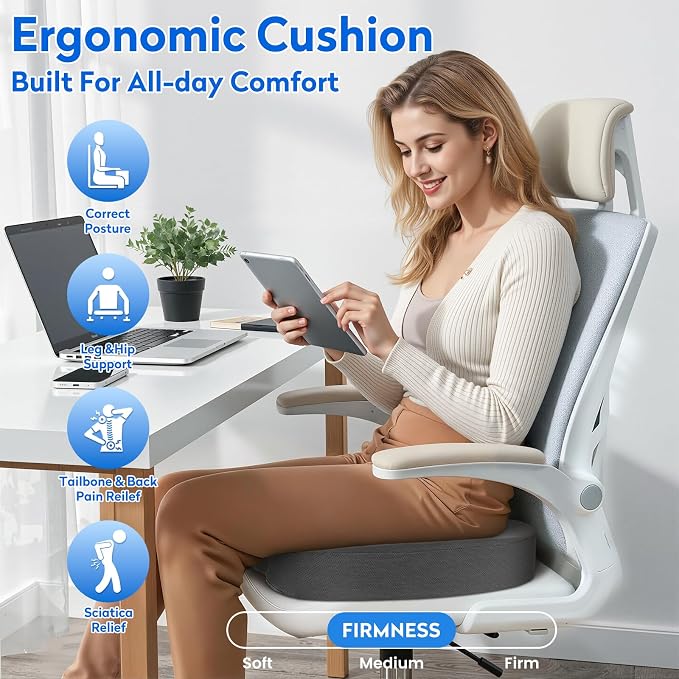 CushZone Memory Foam Seat Cushion for Office Car & Wheelchair, Gray | U-shaped Coccyx Cutout, Contoured Design, Breathable Removable Mesh Cover, Non-Slip Base, Carry Handle - Image 7