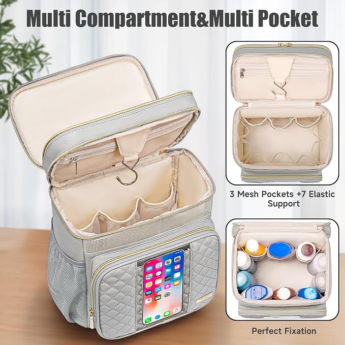 Large Leather Toiletry Bag for Women Men,Bathroom Bag,Water Resistant Shower Bag,Makeup Bag,Portable Shower Caddy for College Dorm,Hanging Travel Toiletry Bag with Transparent Waterproof Phone Pocket - Image 5