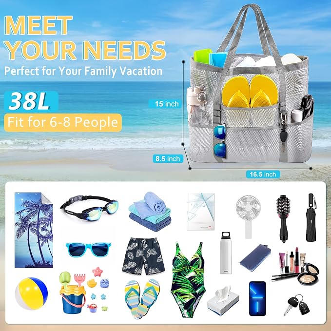 SRISE Mesh Beach Bag - Large Beach Tote Bag for Family Beach Bag for Toys & Vacation Essentials - Image 3
