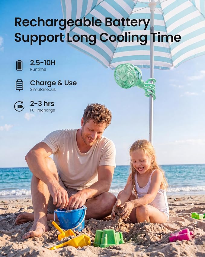 Gaiatop Mini Portable Stroller Fan, Small Clip on Fan 3 Speed Rechargeable | 360° Rotate Flexible Tripod, Battery Operated Detachable, Cooling for Car Seat Crib Treadmill Travel Green - Image 5