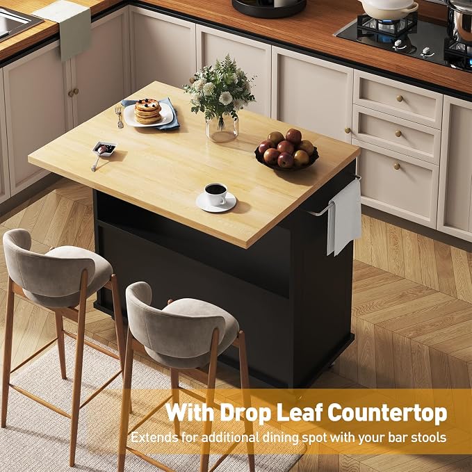 Rolling Kitchen Island with Folding Drop Leaf Breakfast Bar, 35.4'' W Kitchen Cart with Storage Cabinet and 2 Drawers, Portable Mobile Kitchen Island Table with Towel Rack, Lockable Wheels, Black - Image 7