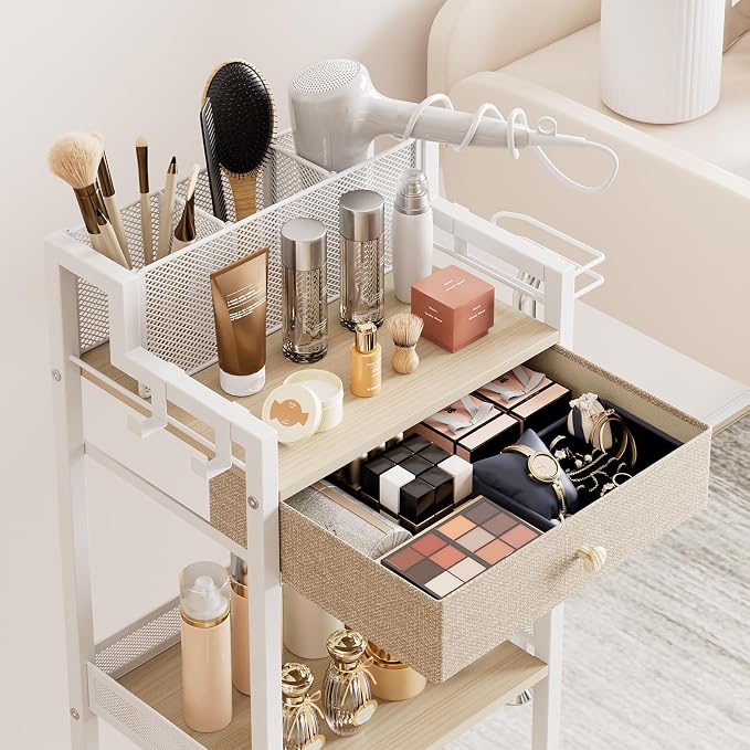 3 Tier Bathroom Organizer Shelf with Drawer, Rolling Makeup Cart | Large Make up Organizers, Cosmetics Display Cases for Hair Tool, Skincare, Kitchen, Bedroom, Laundry Room, Dorm, 12.8in - Image 6