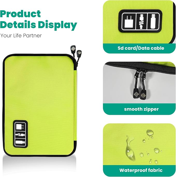 Cord Organizer Travel, Electronics Organizer Tech Pouch - Portable Cable Organizer Bag for Cords, Charger, Phone, SD Card, Power Bank for Travel & Daily Use -Green Green - Image 5