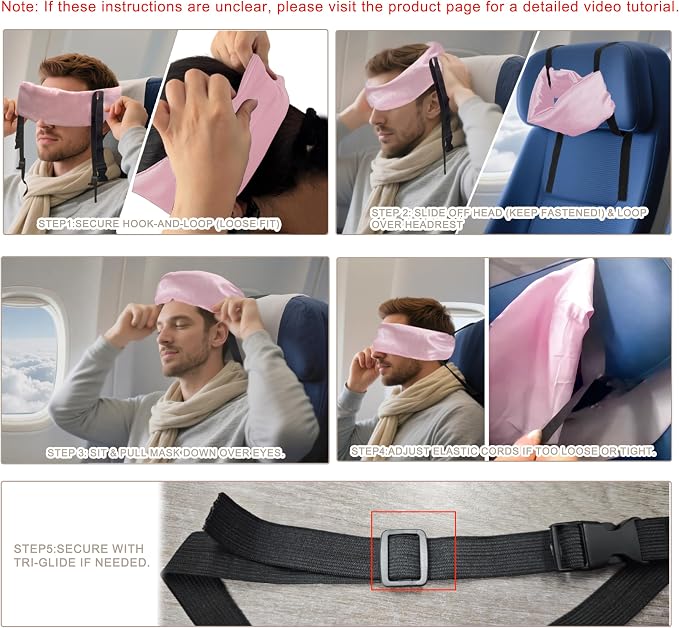 Travel Pillows for Airplanes, Airplane Head Strap with Silk Eye Mask for Sleeping, Long Flights & Car Road Trips 360°Headrest Neck Support, Stops Bobbing, Small & Compact (Pink) - Image 7