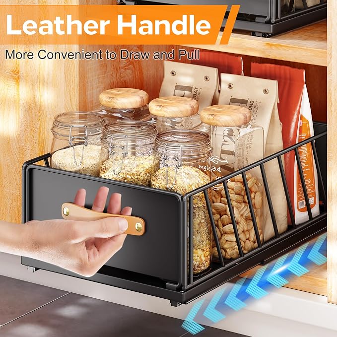 Pull out Cabinet Organizer,Heavy Duty Slide out Pantry Shelves Drawer Storage with Adhesive Nano Film,Sliding Mesh Cabinet Basket with Handle for Kitchen, Bathroom, Home, 9.8"W X 15.7"D X 6.2"H,Black - Image 8