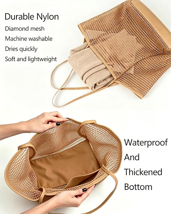 Beach Bag, Mesh Tote Bag for Women, Pool Bag for Travel, Shoulder Bag for Beach Picnic, Hobo Women Casual Foldable Handbag - Image 5