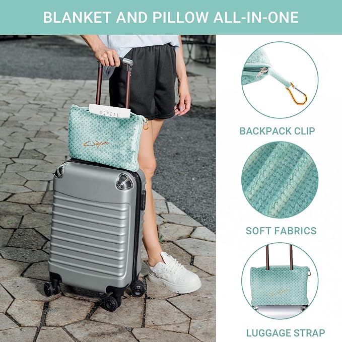 Compact Travel Blanket for Airplane, Premium Soft 2-in-1 Blanket with Pillowcase and Carry Bag, Lightweight Travel Essentials with Luggage Sleeve and Backpack Clip, Mint Green - Image 2