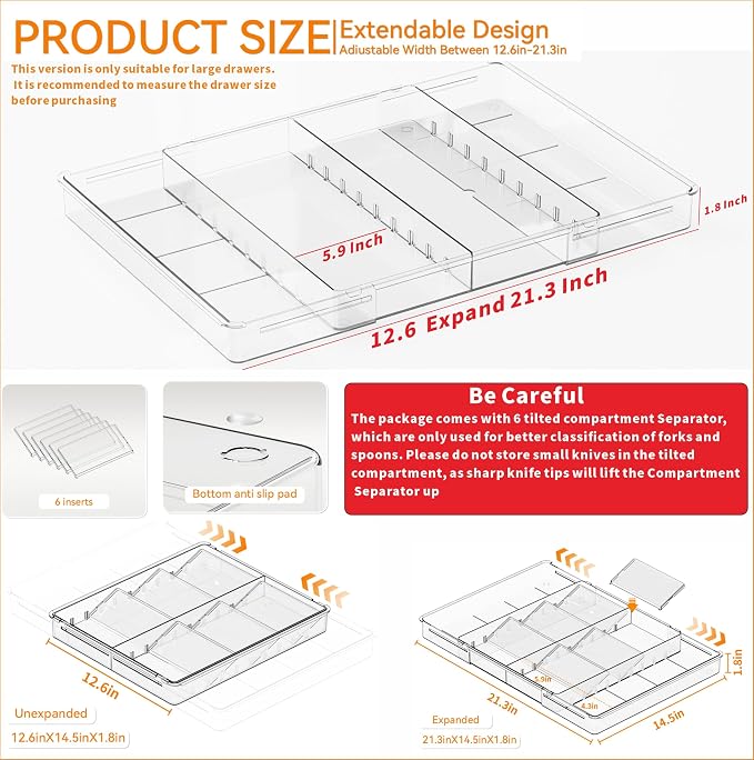 Large Expandable Silverware Organizer - Adjustable From 11'' to 21.3'' - Spatula,Gadget,Knife,Cutlery,Spoons and Forks Organizer,Clear Flatware,Silverware Tray,Utensil Organizer for Kitchen Drawers - Image 2