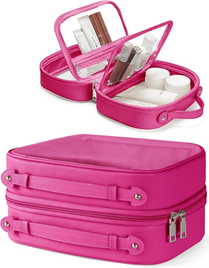 Clear Cosmetic Bag Double Layer Travel Toiletry Bag Clear Makeup Bag Case with 4 Compartments, Transparent Travel Bag for Toiletries, Large Toiletry Bag for Women Cosmetic Case (Hot Pink, Large) by Oaque