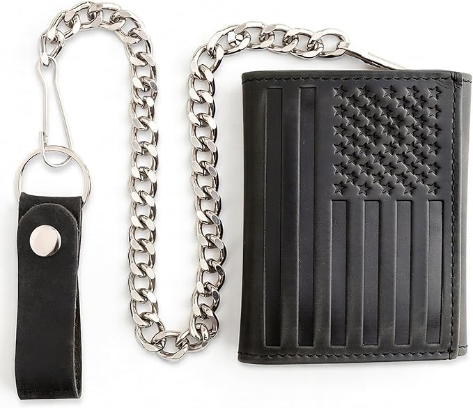 F&L CLASSIC RFID Blocking Men's Tri-fold Vintage Biker Cowhide Leather Steel Chain Wallet,Snap closure, black, flag,315-200 by FLCLASSIC