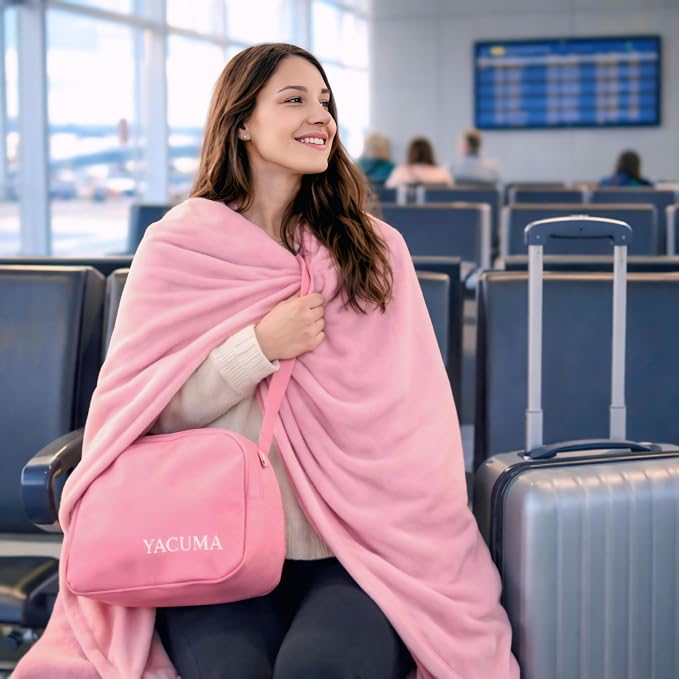 Travel Blanket Airplane Compact with Bag, Soft 40" x 60" Blanket with Luggage Strap & Underseat Personal Item Organizer for Flights, Home & Office, Pink - Image 4