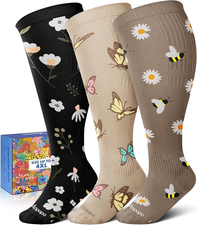 3-Pair Wide Calf Compression Socks for Women | 20-30mmHg Graduated Support, Easy On & Off, Knee High Length, Ankle Support, Travel Nurse Daily Wear, Cute Patterned by Lalapapa