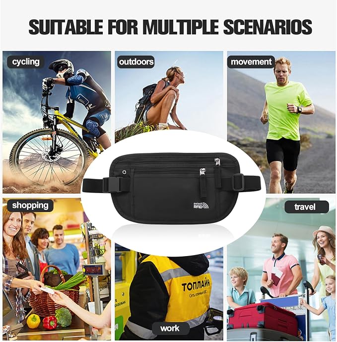Small Unisex Money Belt For Men and Women, Slim Passport Holder RFID Blocking Travel Essentials Pouch with Adjustable Strap Small Waist Pouch for Workout Running Travelling Hiking, Black & 8 Sleeves - Image 7