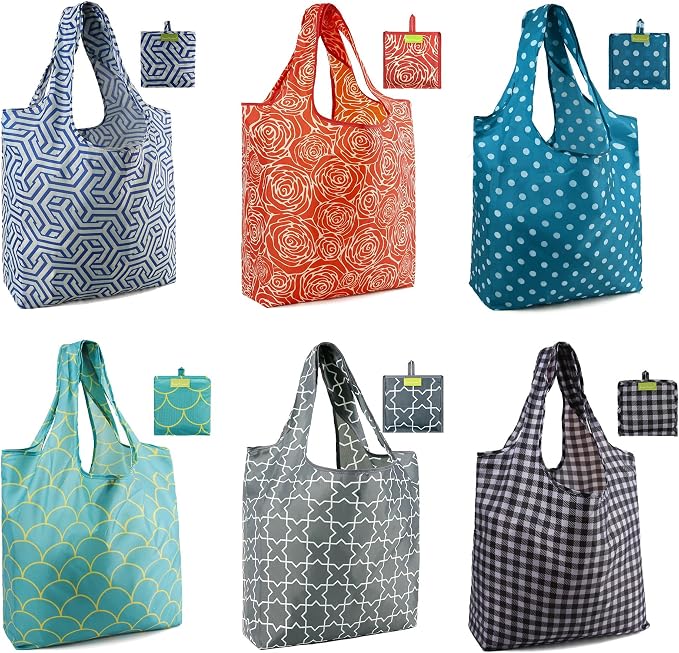 BeeGreen Reusable Grocery Bags Geometry Design - Pack of 6 Foldable Totes for Women with Pouch,X-Large 50lbs Capacity Machine Washable Polyester Sturdy Shopping Bags for Women Travel Shopping by BeeGreen