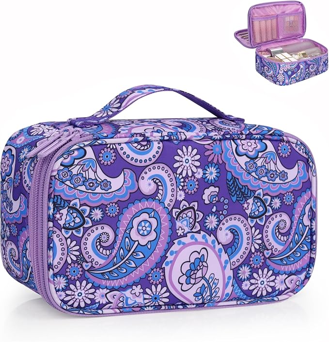 Relavel Small Floral Cosmetic Bag with Makeup Brush Compartment | Portable Makeup Pouch for Women, Double Layer Cute Toiletry Organizer Bag for Accessories, Purple Flower by Relavel