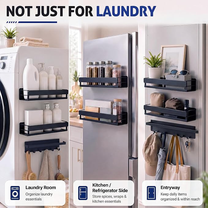 Bamboo 3 Pack Magnetic Shelves for Washing Machine, Black | Magnetic Laundry Shelf, Laundry Room Organization, Heavy-duty Storage for Kitchen Refrigerator, Detergent Holder with Hooks - Image 3