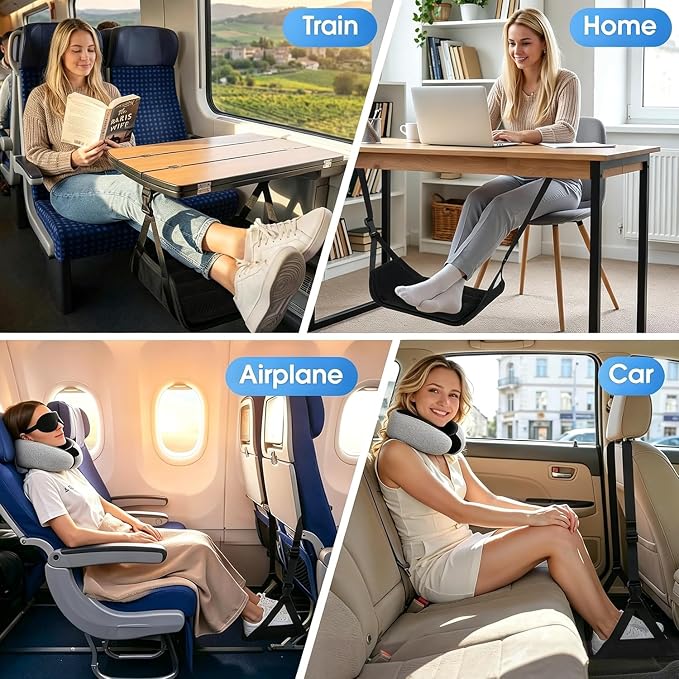 Ergonomic Airplane Pillow and Airplane Foot Hammock, Ultra Portable Neck Pillow with 360° Head Support, Portable Travel Foot Rest with Adjustable Strap, Includes Eye Mask & Ear Plugs, for Flight, Car - Image 7