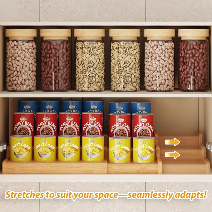 Expandable Bamboo Can Rack Organizer for Pantry, 3-Tier Adjustable Can Storage Holder, Soda Organizer Holds Up to 24 Cans, Canned goods Storage Display for Pantry, Cabinet, Countertop (patent pending) - Image 3