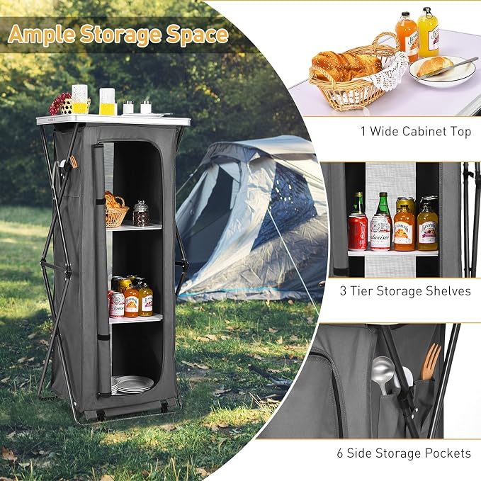 Goplus Folding Camping Storage Cabinet, Pop Up Outdoor Camping Kitchen Station with Large 3-Tier Storage Organizer, Carry Bag, Easy Set Up Portable Compact Camping Table for BBQ Picnic Backyard (55'') - Image 3
