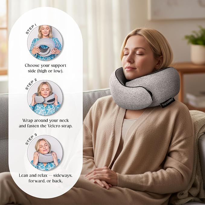 The Cozeo™ Travel Neck Pillow, 100% Pure Memory Foam Airplane Neck Pillow with Eye Mask & Earplug, Ideal for Long Flight, Car Road Trip Essentials & Sleeping | Suitable for Adults & Kids - Gray - Image 6