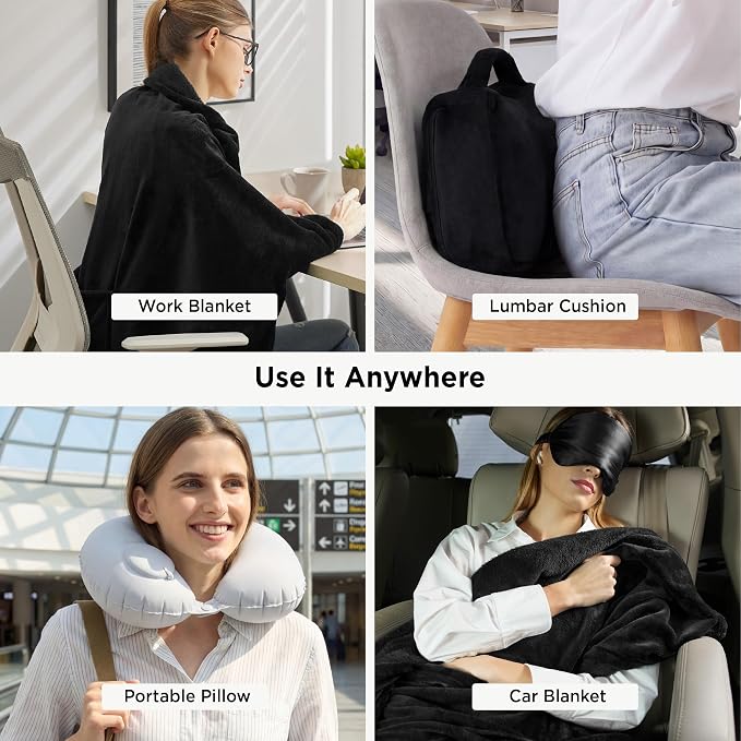 Bedsure Travel Blanket Set with Inflatable Neck Pillow and Eye Mask - Lightweight 3-in-1 Airplane Packable Blanket, Compact Travel Essentials, Black - Image 7