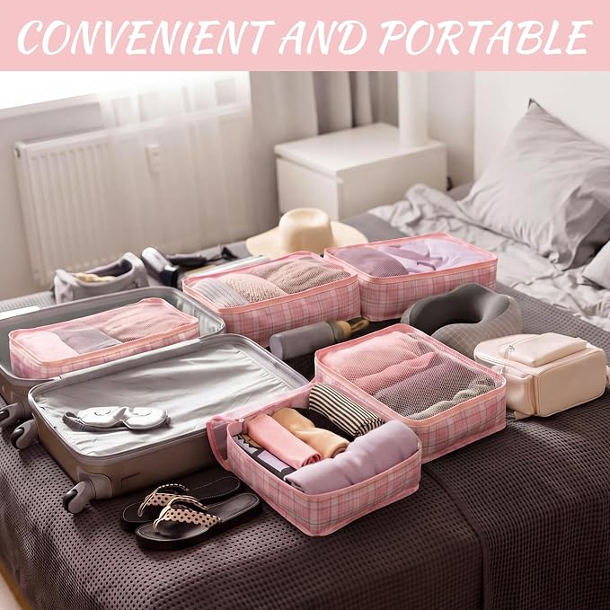Silkfly 8 Pcs XL Packing Cube for Travel Luggage,Plaid,Pink | 17.7 x 13 x 4.7, Same Size, Pink Plaid Suitcase Storage Organizer Set, Reusable Mesh Clothes Cube for Hiking Camp Family - Image 5