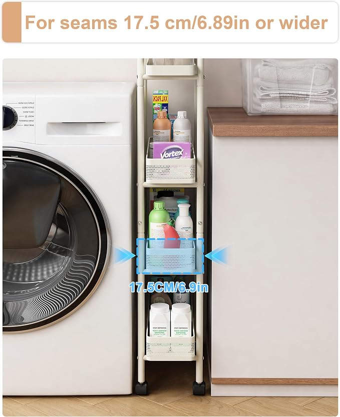 UMDONX 4-Tier Narrow Mobile Storage Cart with Pull-Out Baskets | The Multifunctional Pull-out Storage Rack Is Suitable for Bathrooms, Kitchens, and Laundry Rooms - Image 5