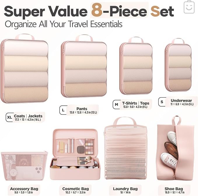 Veken 8 Set Compression Packing Cubes Garment Bags for Travel Essentials,Compressible Expandable Luggage Organizer Bags for Clothing,Space Saver Bags with Over 1000 pcs of Mesh Holes(Beige) - Image 2
