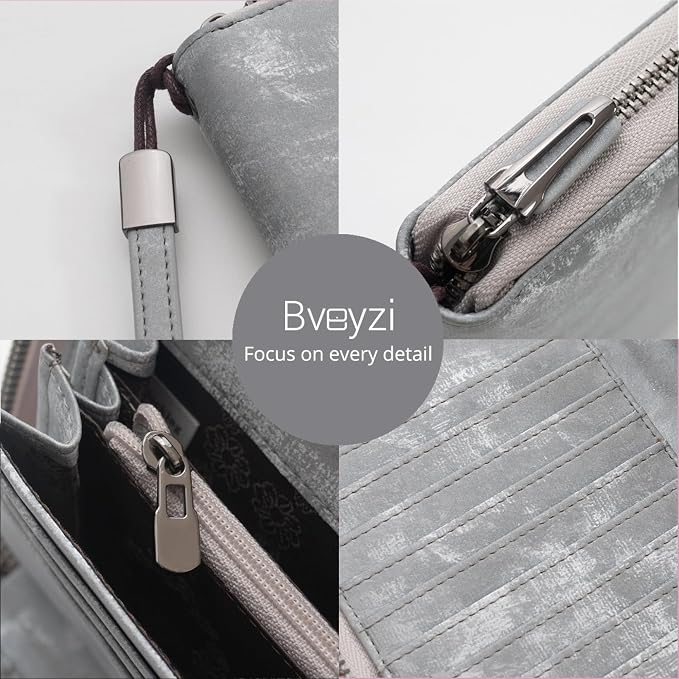 Bveyzi Women RFID Blocking Wallet Leather Zip Around Phone Clutch Large Capacity Ladies Travel Purse Wristlet - Image 3