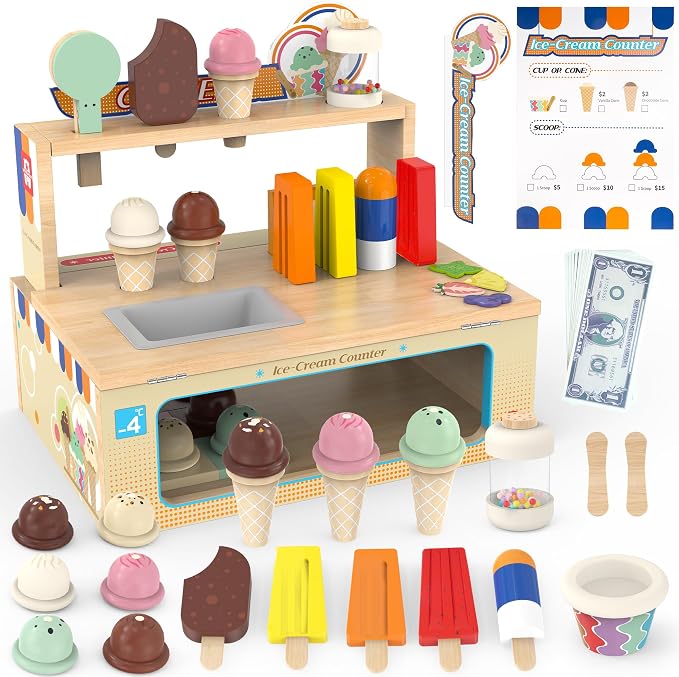 WOODMAM Foldable Wooden Ice Cream Toy, Pretend Play Food Store for Kids | Ice Cream Counter with Storage, 52 Pcs Kitchen Playset Fake Money & Menu, Birthday Gift for 3 4 5 6 Year Old Girls Boys by WOODMAM