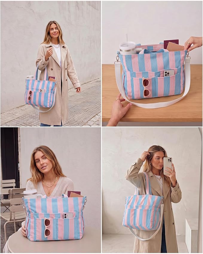 Kacctyen Striped Beach Tote Bag for Women Large Beach Foldable Tote Bag with Zipper Pockets for Travel Pool - Image 2